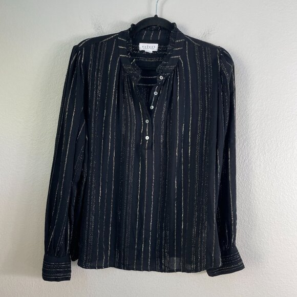 Velvet By Graham Spencer Womens Small Black Metallic Stripe Blouse Long Sleeve - Picture 7 of 11